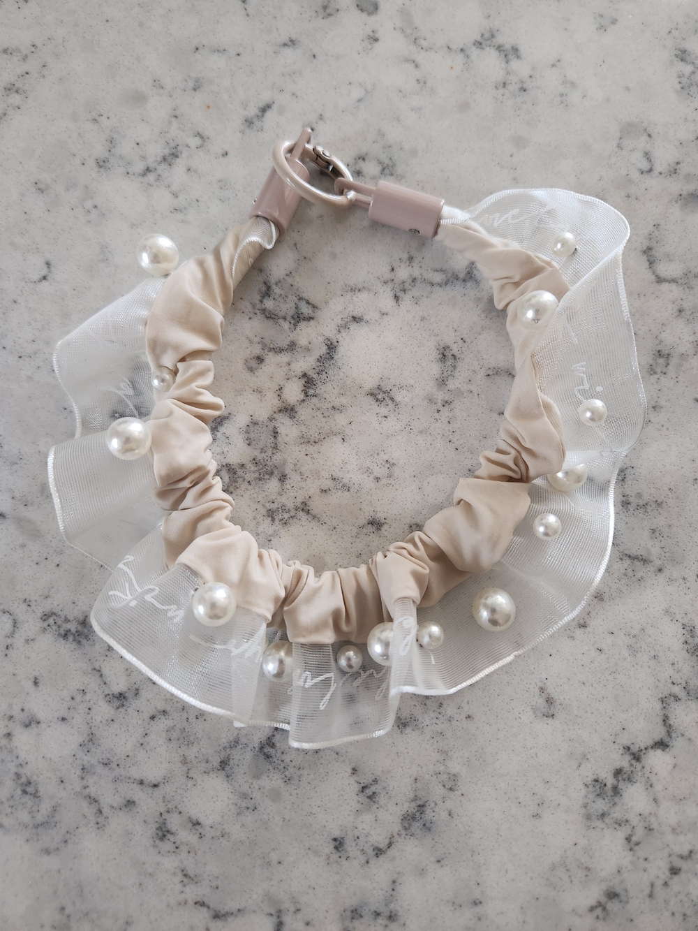 Beige Pearl-Embellished Ruffle Keychain